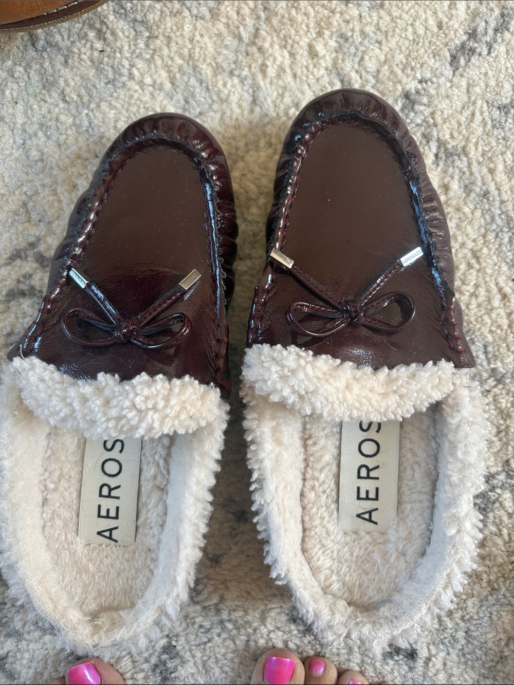 AEROSOLES Burgundy Patent Moccasin Slippers with Cream Lining